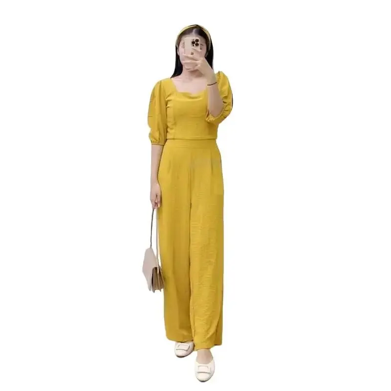 Setelan Wanita Celana&Blouse Lengan Pendek Balon/Setelan Celana Blouse Crop Atasan Lembut