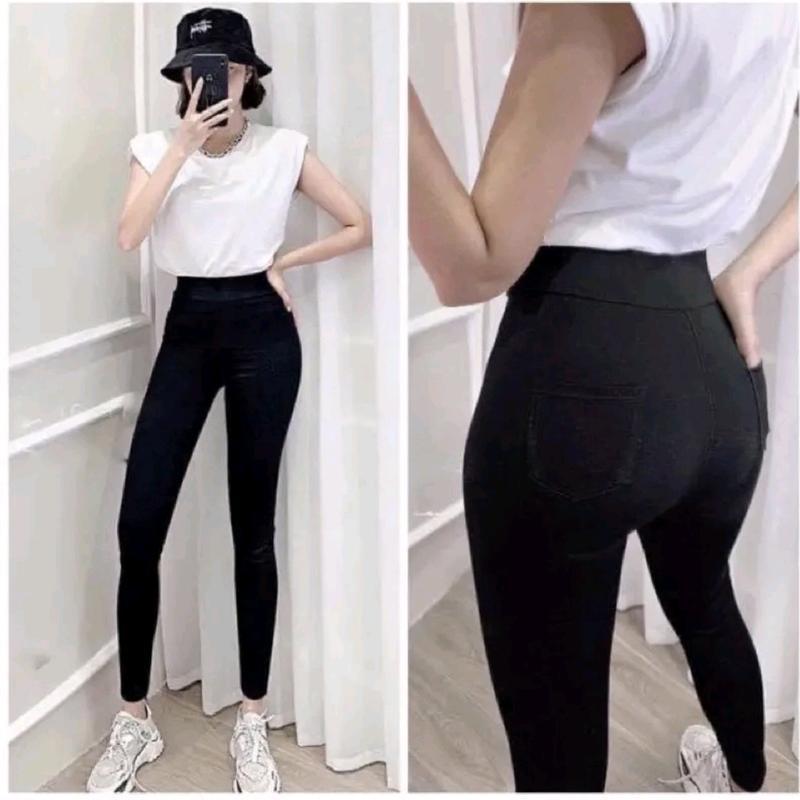 Quần legging nữ dài cạp cao dáng ôm co giãn có 4 túi vải dày dặn, Quần legging đen lưng cao thun cotton Women