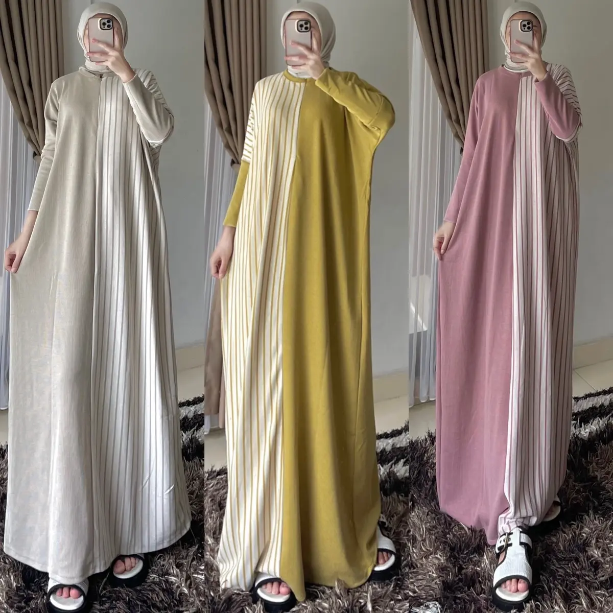 JN- Jemma Gamis Batwing Knit Two Tone Busui Frendly Dress Tebal Jumbo Muslim Wanita Syari Variasi Panjang Kerja Kancing Maxi