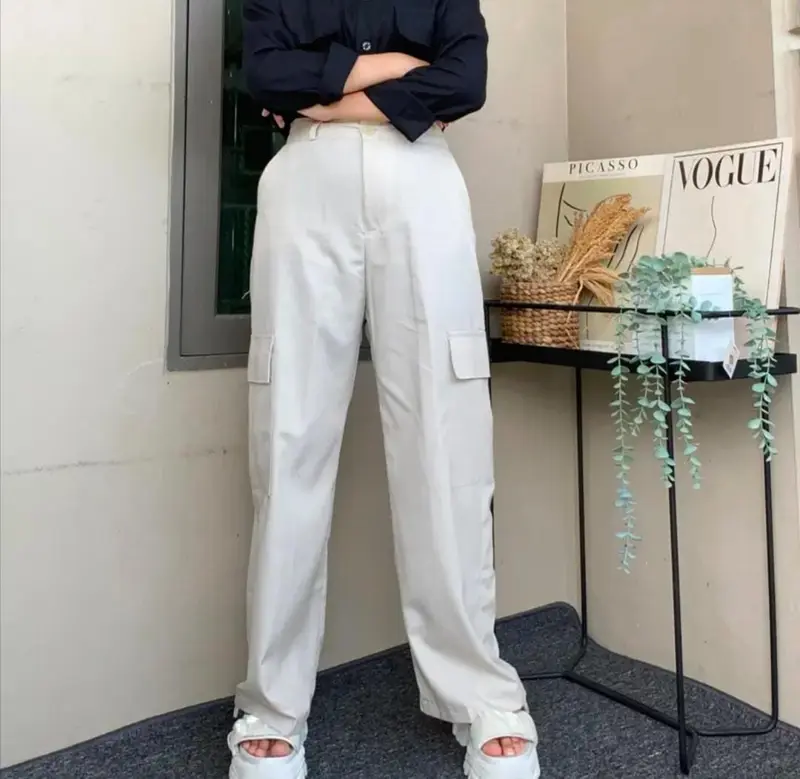 Celana Kargo Wanita Katun Twill Stretch Jumbo Big Size - Hitam Combed Kain Karet Panjang Standar Tebal Kerja Basic Kancing Kantor Oversize Baggy Linen Fit Melar Nyaman 3