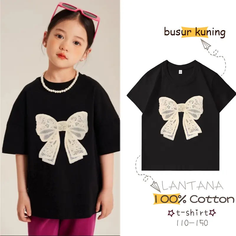 <C0080>Kaos Fashion Anak Bahan 100% Katun Berkualitas Tinggi Usia 2 s/d 12 Tahun Kaos Oversized Berkualitas Tinggi /busur kuning/ Pola Fashion Cotton Children Cewek