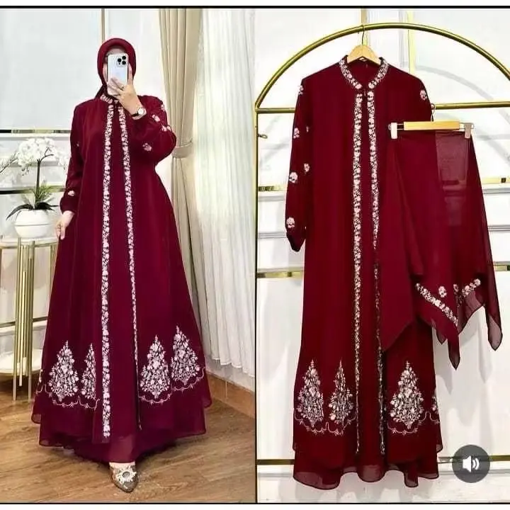 NEW PRODUCT !! Naira Dress Bahan Ceruty Aplikasi Bordir // Dress Busui // Gamis Muslimah // Dress Wanita Dua Layer // Gamis Kondangan Terbaru Bisa Cod Lembut Nyaman Maroon
