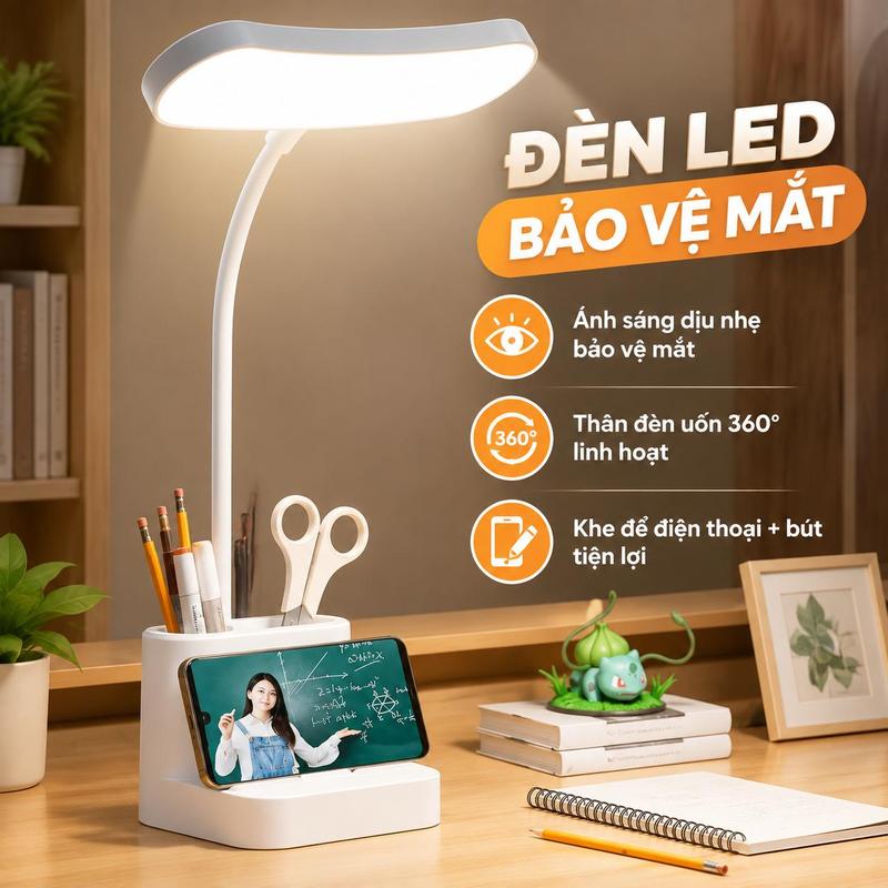 Đèn bàn LED làm việc, bảo vệ mắt, dành cho học sinh sinh viên, có khe điện thoại, hộp bút, thân uốn 360°