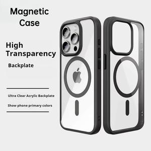 Transparent Casing for iPhone X Xs Max XR 11 12 13 14 15 16 Pro Max Case Magsafe Phone Case Skin Friendly Wireless Charge Magnetic Case Hard Protective Acrylic Cover with Soft Bumper