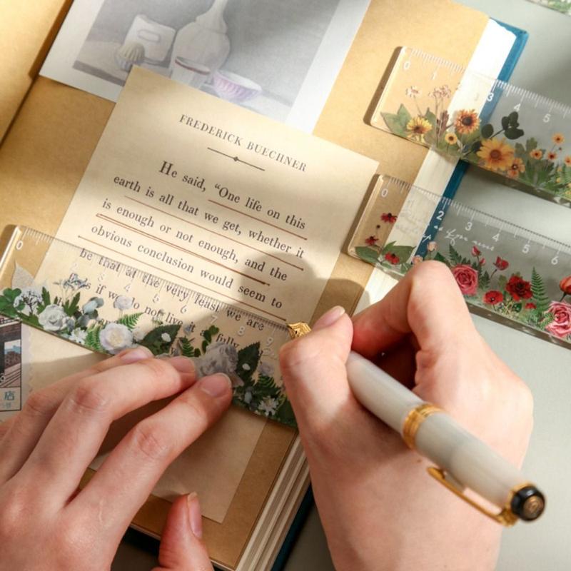 Multi-function 15cm Ruler Student Gift Plastic Straightedge Retro Flowers Pattern Stationery Drawing Tools School Office Supplies 3