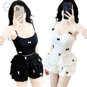 Set Nơ Đẹp, Áo Bra 2 Dây Borip Ôm Body Phối Kèm Quần Tầng Len Gân Đính Nơ, Nữ Women Kem