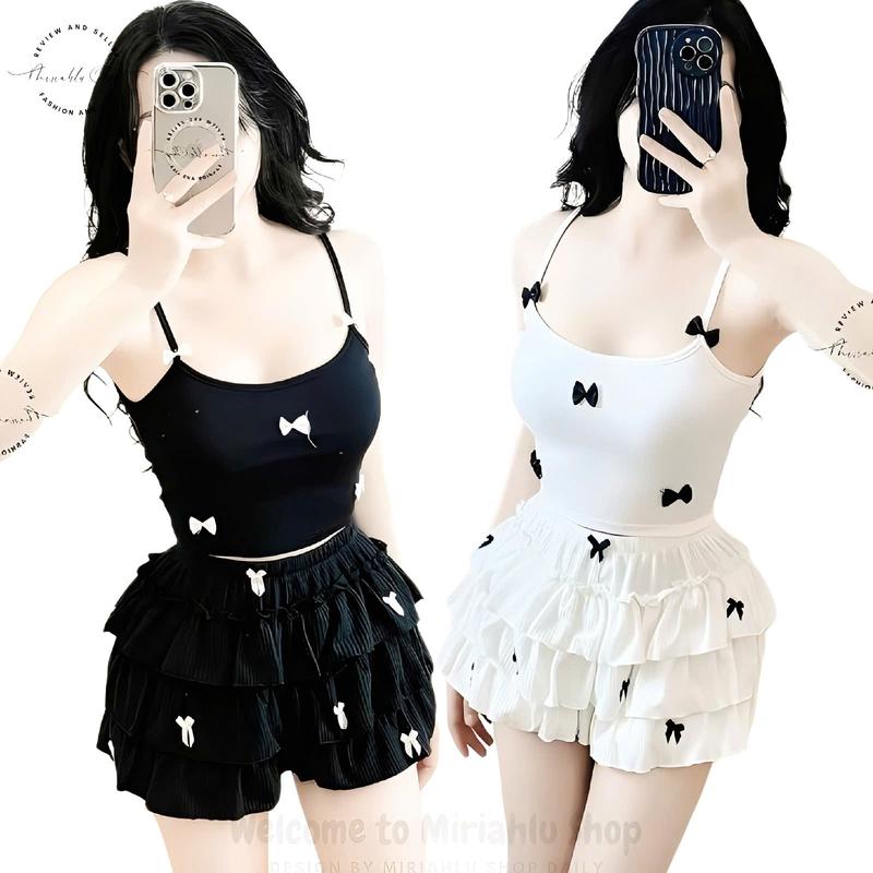 Set Nơ Đẹp, Áo Bra 2 Dây Borip Ôm Body Phối Kèm Quần Tầng Len Gân Đính Nơ, Nữ Women Kem