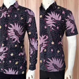 Kemeja Batik BSWART HRBO26 Lengan Panjang dan Lengan Pendek Motif Melati Ungu Lilac Bahan Katun Mikro Premium Rekomendasi Kemeja Formal Kerja Warna Hitam Seragaman By Batik Al-Kaff