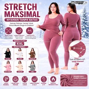 Baju Winter Wanita Musim Dingin 1 SET BAJU & CELANA BIG SIZE JUMBO / Sweater Wanita Lengan Panjang Hangat Lembut - Setelan Pakaian Baju Longjohn Wanita Termal Tebal Cewek Outdoor Salju - Baju long john wanita Musim dingin Kaos Umroh polos A104