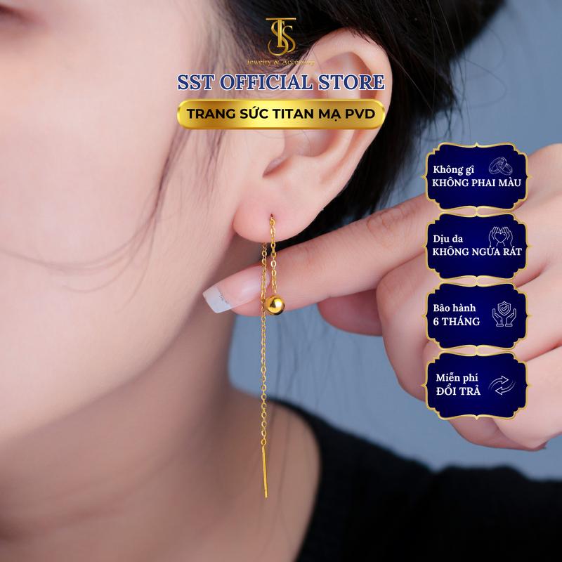 Bông tai Titan SST Bi tròn dây dài sang trọng Không Đen Gỉ BT03
