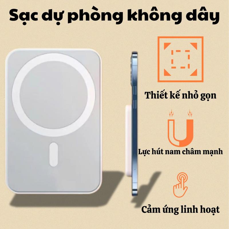 Sạc dự phòng không dây Magsafe 5000MAH Tặng kèm dây sạc USB và vòng từ tính tương thích với iPhone 8 trở lên