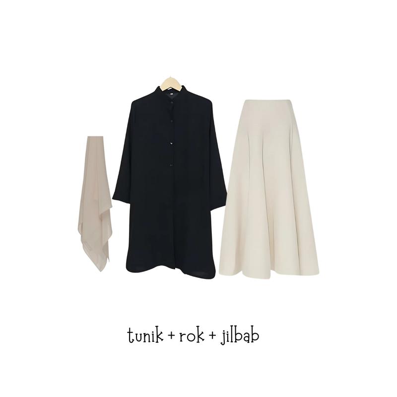 oneset 3in1 tunik hitam rok payung vanilla jilbab bella | perempuan wanita cewek ootd hijab casual hangout pantai piknik kuliah bukber lebaran korean style HK72 MURAH 2