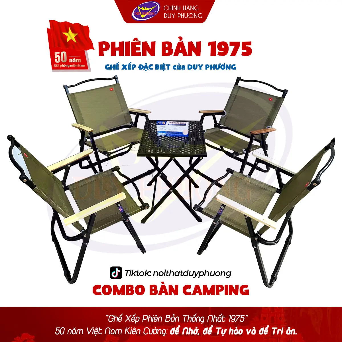 [ Phiên bản 1975 ] COMBO 4 Ghế Lưng Cao+1 Bàn Phiên Bản Ghế Xếp Tự Hào 50 Năm Việt Nam Kiên Cường - Độc Quyền Duy Phương BH 12 tháng, Gấp gọn 7cm