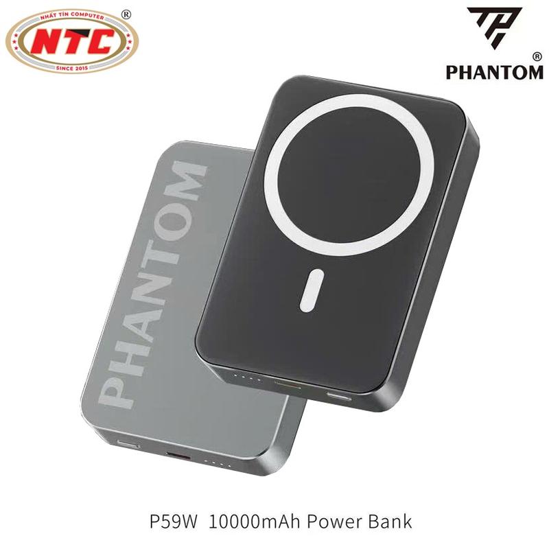 Pin dự phòng không dây PHANTOM P59W 10000mAh Sạc magsafe 15W TypeC PD 20W Có 3C Vỏ hợp kim nguyên khối - Hàng Chính Hãng