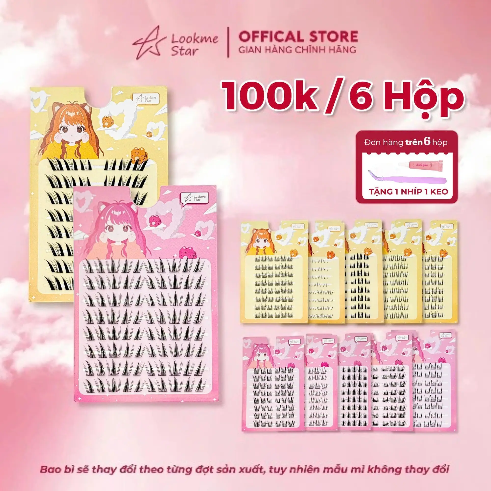 Lông Mi Giả KHÔNG sẵn keo Lookme Star (tặng nhíp + keo/ đơn 6 hộp mi) Mi Cong C, Sợi Mi Mảnh Có Thể Tái Sử Dụng