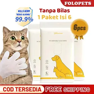 FOLOPETS Sarung Tangan Tisu Basah untuk Anjing & Kucing - 1 Pack/6pcs, Tanpa Perlu Cuci! Kit Pembersih Kering Hewan Peliharaan！(Tisu Pembersih Praktis, Cocok untuk Mandi & Perawatan Harian, Aman & Lembut) tisu  basah  kucing