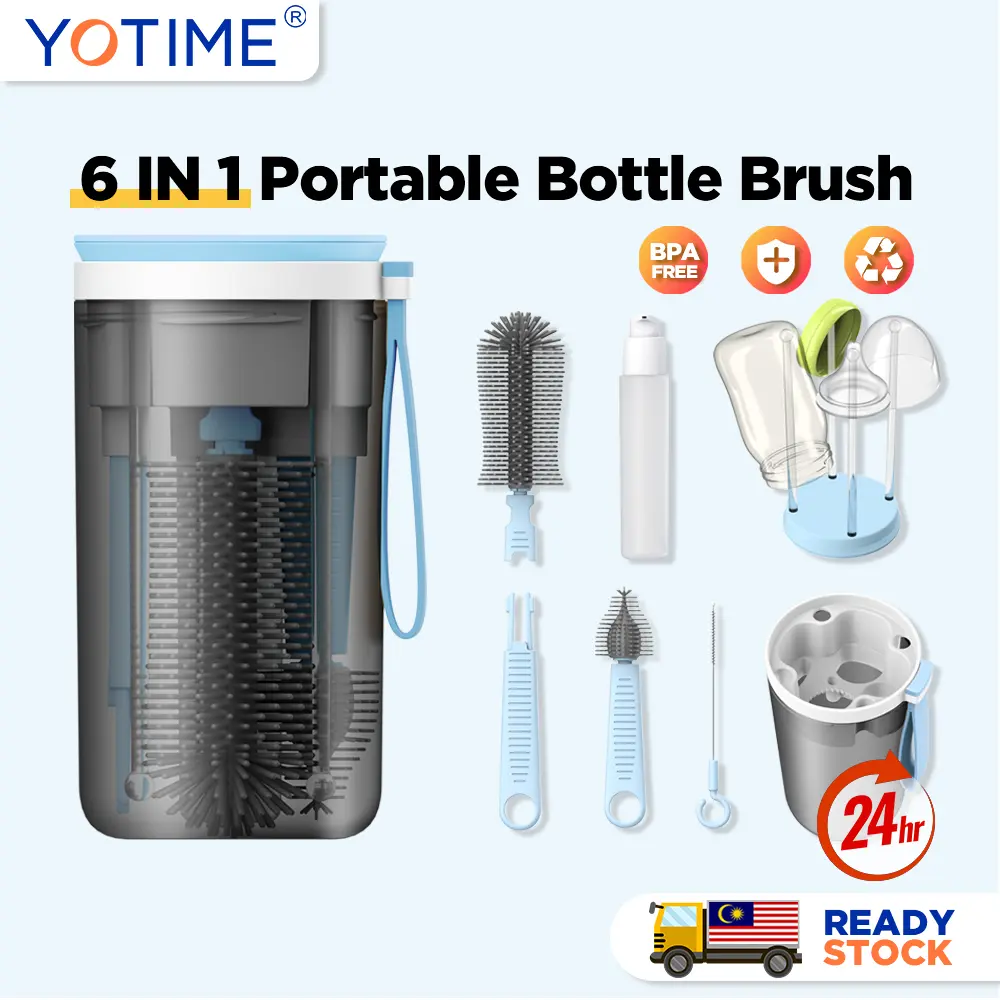 【24H】YOTIME 6in1 Berus Botol Bayi Perjalanan, Dengan Berus Botol Silikon Mudah Alih, Berus Pembersih Puting, Berus Jerami, Dispenser Sabun, Rak Pengeringan bekas  basuh