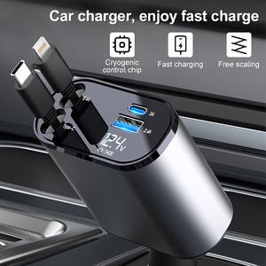 Pengecas Kereta, Pengecas Telefon Kereta Pantas 4-dalam-1, Pengecasan Super Pantas 120W, Kabel Boleh Tarik (2.6 Kaki), 2 Port USB, Aksesori, Kabel Perak Phone
