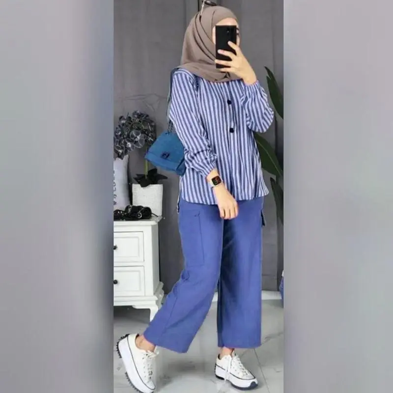Set Baju dan Celana Kargo  Terbaru Ramosa untuk Wanita Muslim Wanita Setelan Airflow Atasan Panjang Dewasa Motif 4