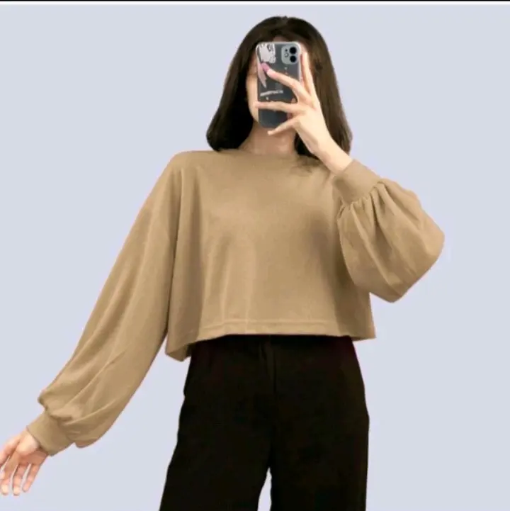 crop top polos lengan panjang model tangan balon-bahan scuba improt premium melar BB40-64kg Wanita