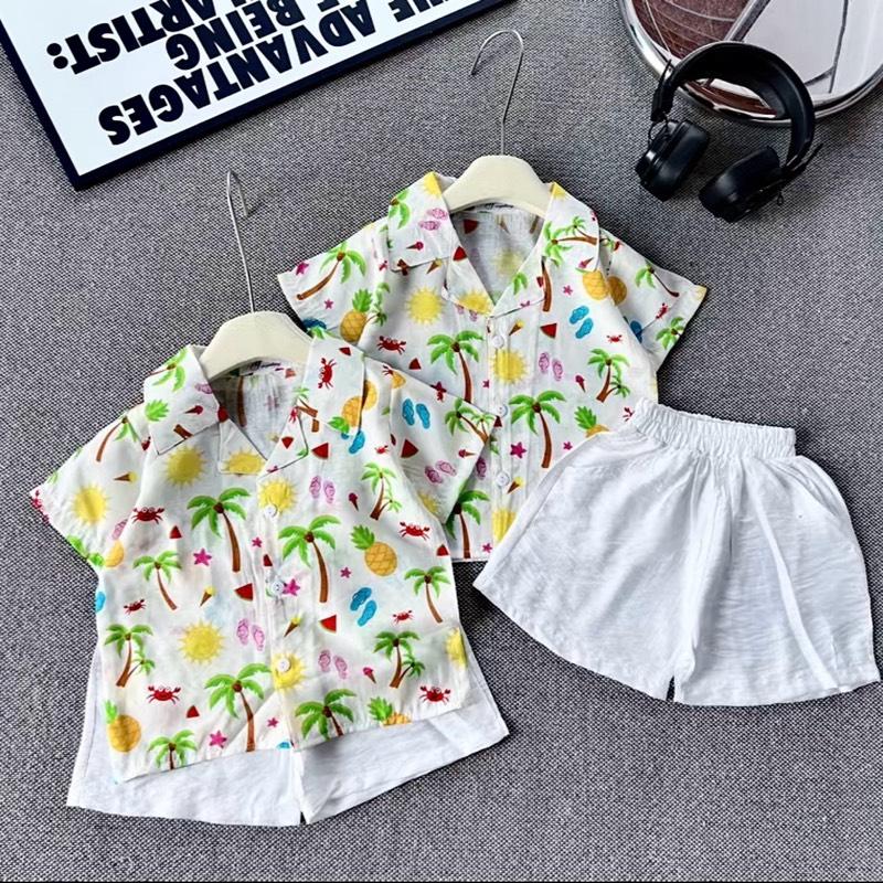 [ Linh An kids] Set đi biển đũi tơ hoạ tiết cây dừa sắc màu tươi mát mùa hè cho bé trai , phong cách vintage,mềm mát mặc đi học, đi chơi, đi biển sz 7-30 2