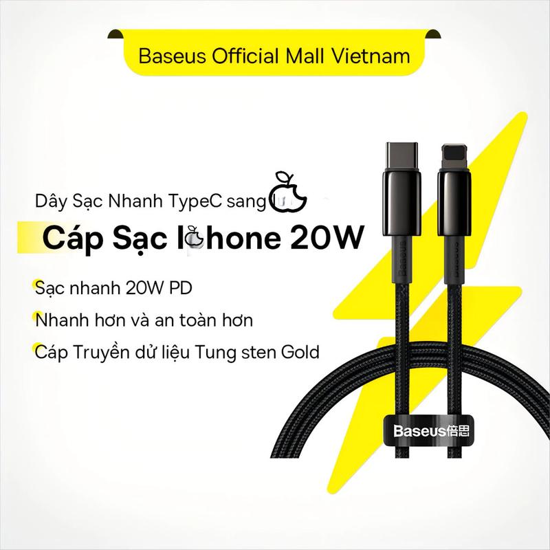 Cáp Sạc Nhanh Truyền dữ liệu Baseus 20W Type-C to Lightning dành cho Iphone 11,12,13,14 Ipad Airpods chất liệu dù Phụ Kiện Sạc Điện Thoại Kem