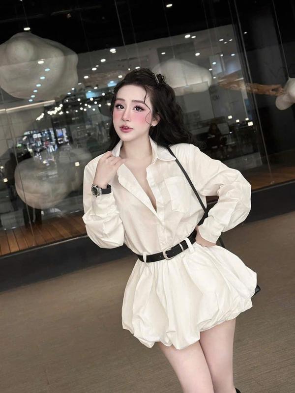    Tặng đai  Váy sơ mi túi hộp chân váy bí bồng xòe phong cách thanh lich  sang chảnh HANHAN V298 
