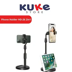 Phone Holder Universal HD-26 + Penyangga Dudukan HP 2in1 / Stand Meja HD26 Rotasi 360° Folding Desktop Plastik Support Tablet Standing Handphone Berdiri Tripod Meeting Review Vlog Live Streaming Broadcasting HD 26 Berkualitas Super Murah Smartphone