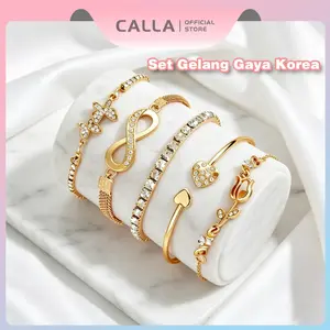 CALLA 5/6/11/14 Pcs Set Gelang/Bracelet Wanita Estetika/Gaya Elegan Ala Korea/Baja Titanium Tahan Luntur/Gelang Berlian Kupu-Kupu/ Emas/Perak