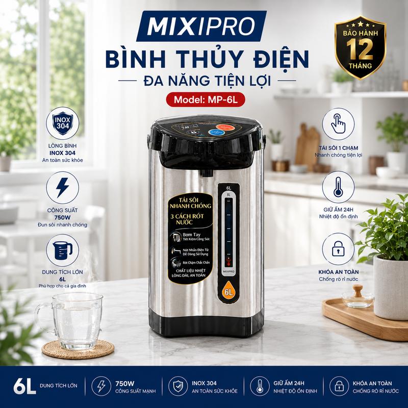Bình Thủy Điện MIXIPRO 6L – Inox 304, Tự Động Đun Sôi Lại, 3 Chế Độ Rót Nước An Toàn Tiện Lợi