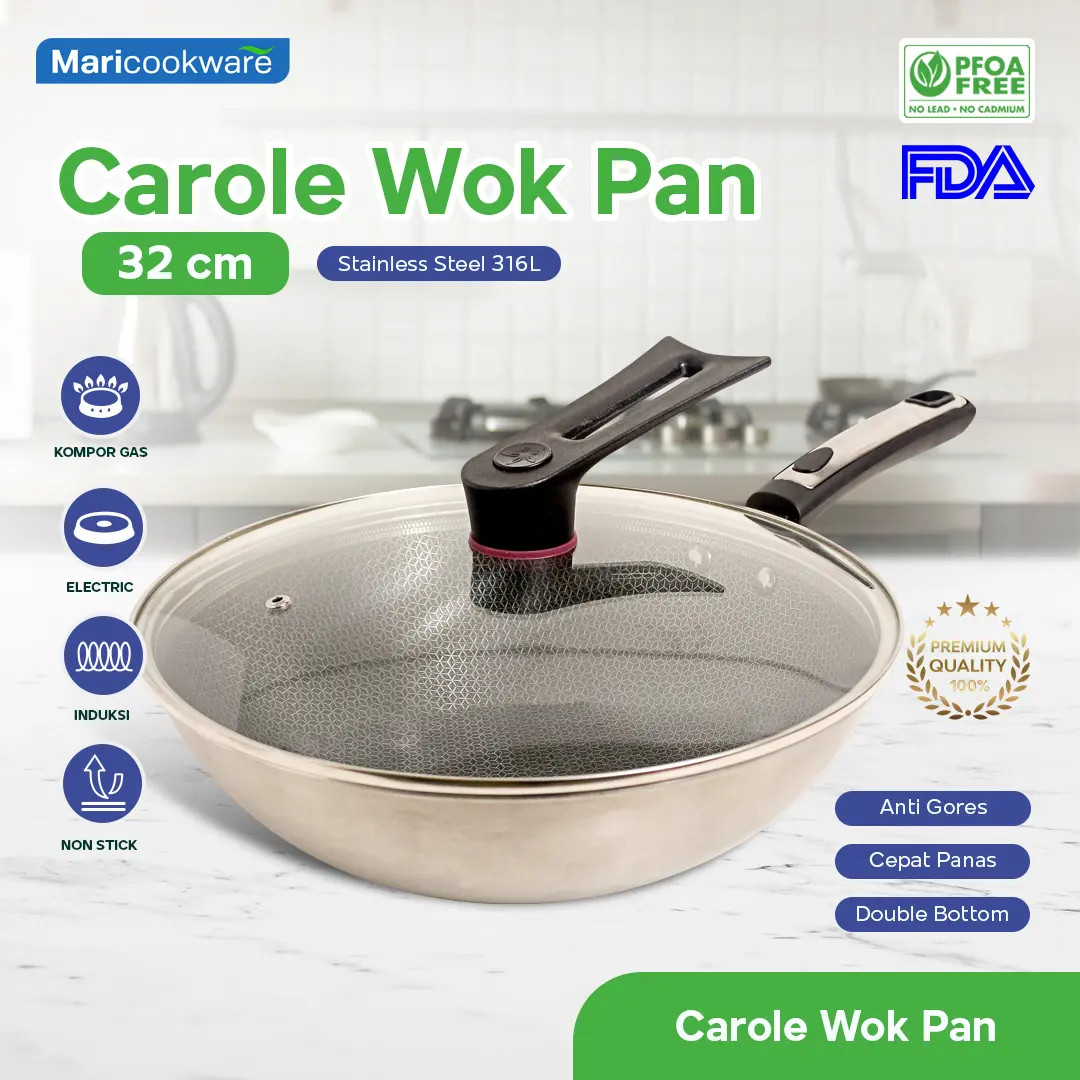 Carole Honeycomb Wok Pan Stainless Steel Non-Stick with Glass Lid Wajan Penggorengan Anti Gores Anti Lengket 32 cm SUS 316 + Penutup