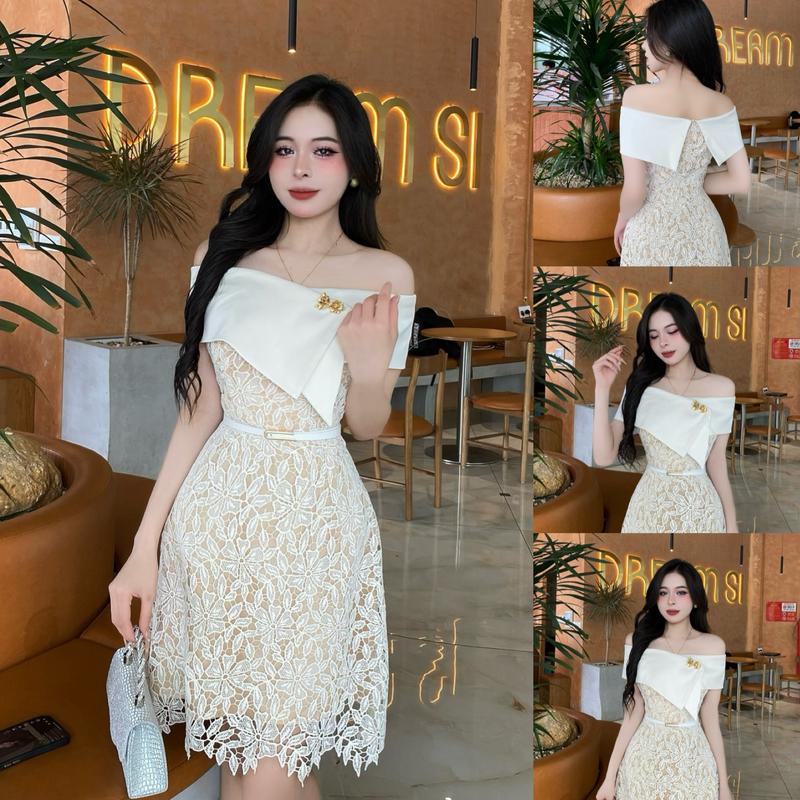 TH91 - Váy Thiết Kế Evii dành cho nữ, Đầm thiết kế ren 2 lớp, trễ vai phối vạt cách điệu (tặng kèm tag cài và đai) dáng A ngắn phù hợp đi chơi và đi dự tiệc. Có Bigsize Women Dress