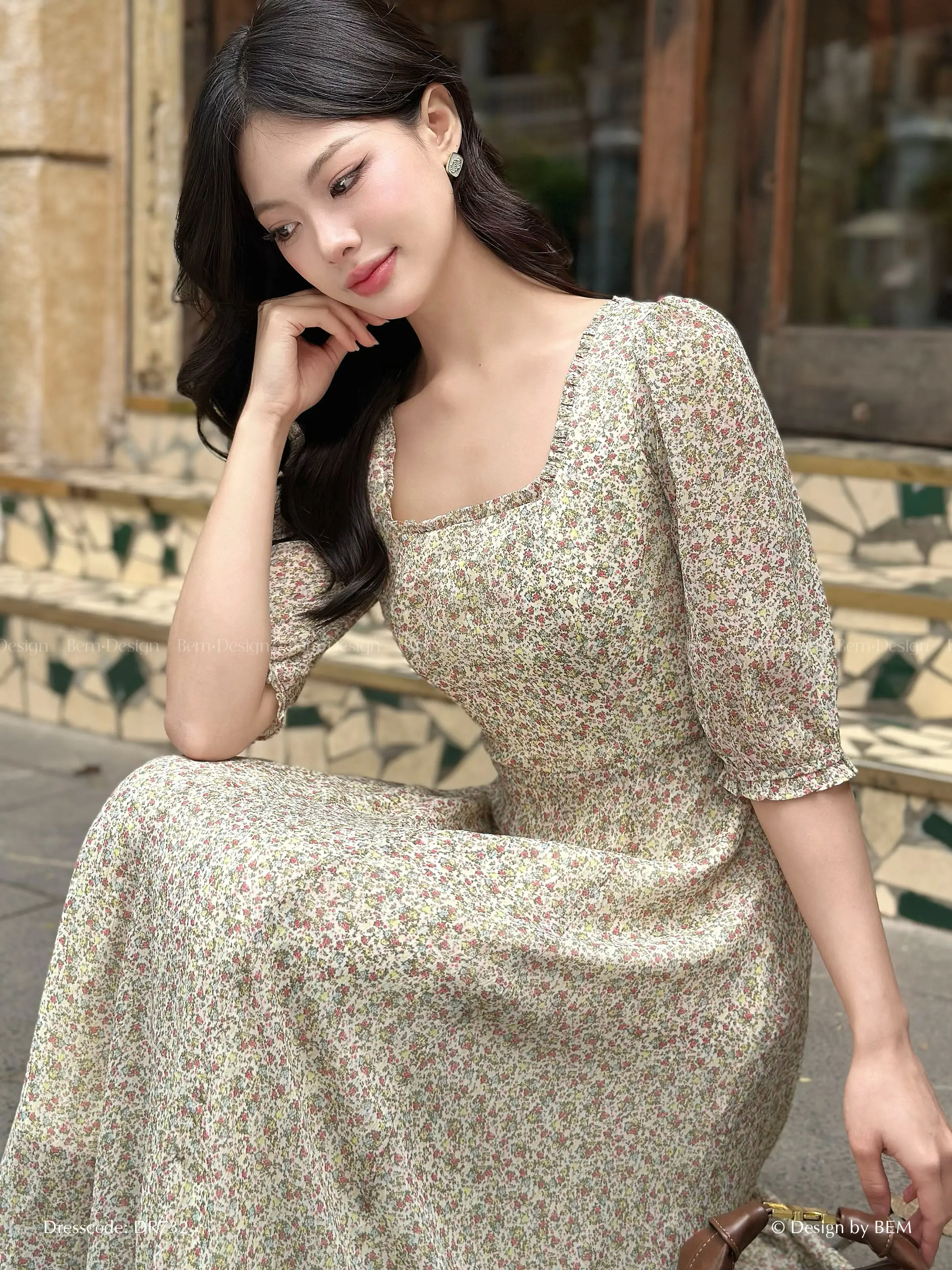Váy Hoa Nhí Dáng Midi Cổ Vuông Tay Lỡ BEM Design (DR732)