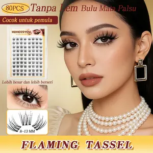 HOHOISYOU 80PCS Bulu Mata Palsu Tanpa Lem Flaming Tassel & French Fluffy Natural Drama 1 Cocok untuk Pemula Extension Eyelash Lembut Alami 9-13mm