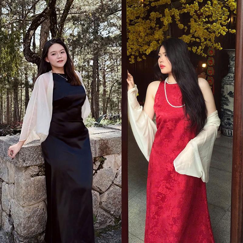   Kèm Choàng Tơ  Đầm Cổ Yếm Bigsize nista Dáng Dài Kèm Áo Tơ Choàng Sang Trọng Quyến Rũ Cho Nàng Từ 55-90Kg Women Dress Nữ Đen Váy Dự Tiệc Váy Thường Mặc 