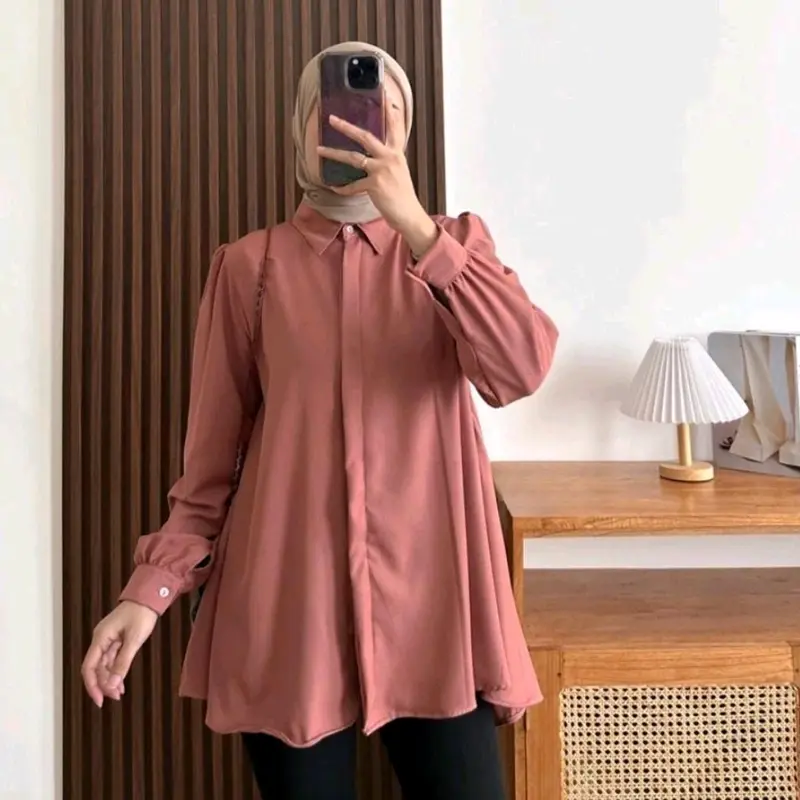 KINKA BLOUSE SHAKILA POLOS ATASAN WANITA PREMIUM BAJU MUSLIM PANJANG TERBARU kemeja  polos atasan wanita kekinian kemeja  oversize viral Tangan Kancing 2