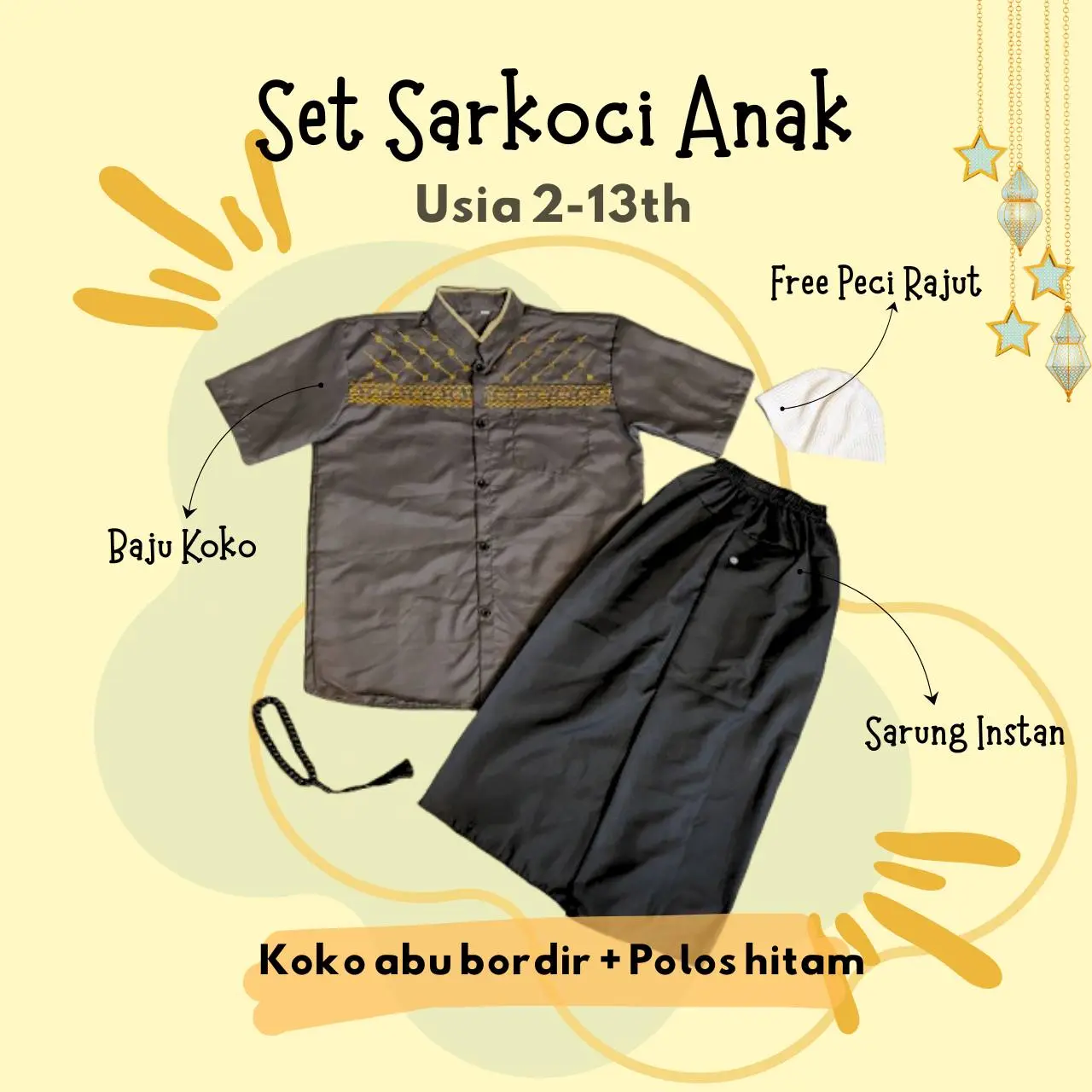 Bordir Abu + Polos Hitam + Peci