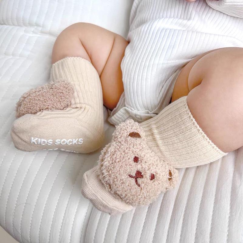 Tất Em Bé Hình Gấu Hoạt Hình, Thiết Kế Sọc, Chất Liệu Bông Chống Trượt, Thích Hợp Cho Trẻ Sơ Sinh, Tất Đi Trong Nhà, Dễ Thương Và Thoáng Khí, Tất Bắp Chân Cho Trẻ Sơ Sinh