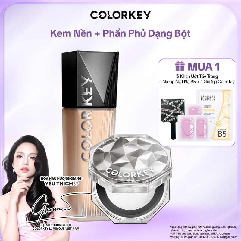 COMBO 1 Kem Nền COLORKEY PHIÊN BẢN NÂNG CẤP + 1 Phấn Phủ Cho Lớp Trang Điểm Lì Mỏng Nhẹ, Không Dễ Xỉn Màu