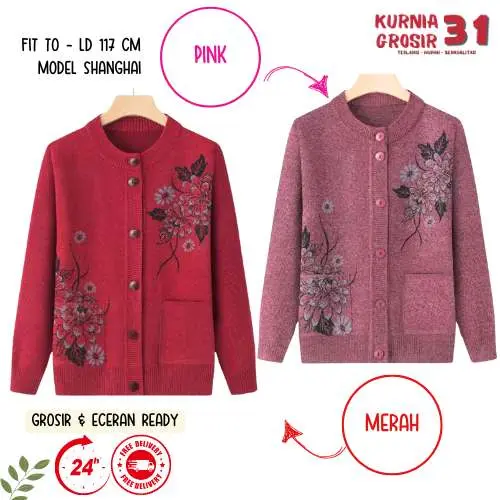 Sweater Ibu Krah Shanghai Krah Daun Motif Bunga / Baju Hangat Wanita / Pakaian Casual Rajut Halus Kancing Kerah Berkualitas 3