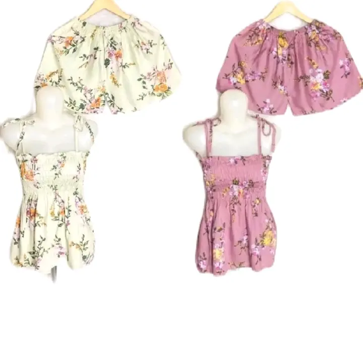 setelan kerut celana pendek warna dan motif random 3