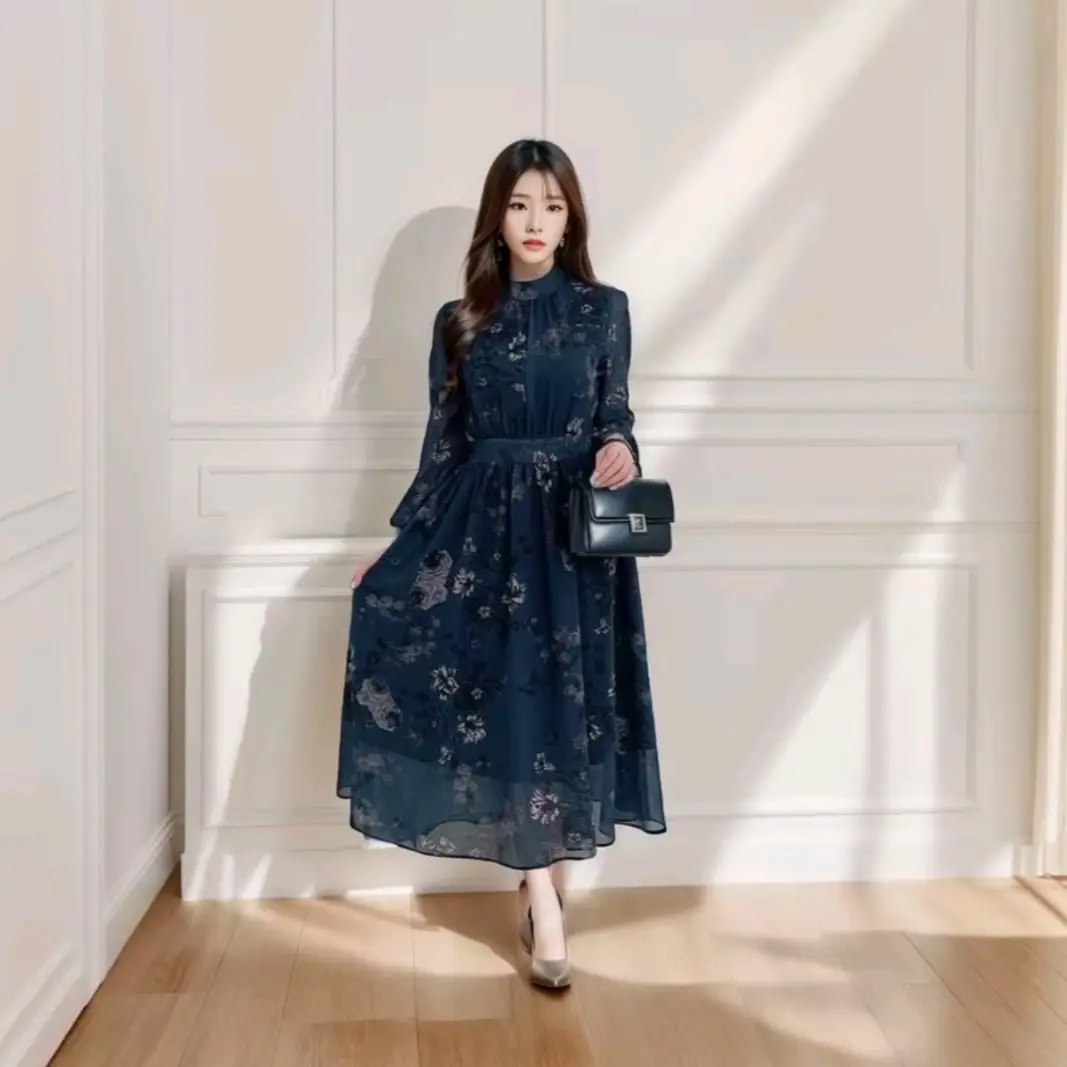 Gaun Wanita Casual Bunga-Bunga Warna Navy - Midi, Pesta, Katun, Dewasa, Panjang, Rayon, Pantai, Baju live dress