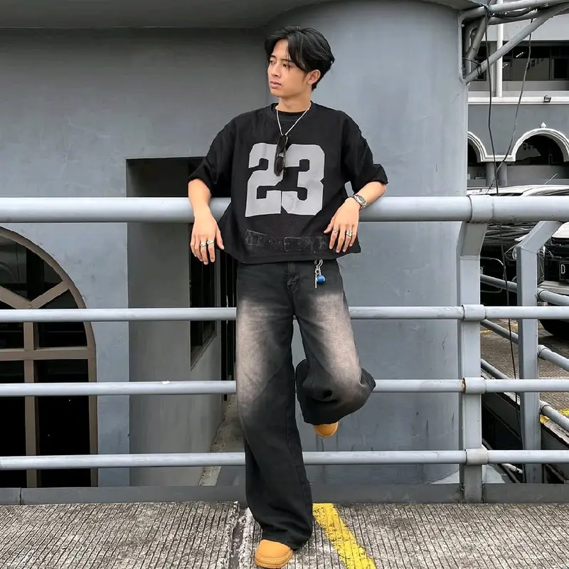 Celana Jeans Wishker Kulot Baggy Gombrong Pants Outfit Skena Gombrong Loose-fitting Y2K Shabby Chic Biru Hitam - Panjang, Wanita - Kaki Stretch Melar Denim 2