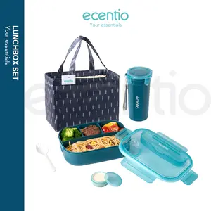 【buy 1 get 3】ecentio kotak bekal anti tumpah kotak tempat bekal 1200ml+500ml free sendok kotak+lunch bag Kitchenware Makan Plastik Set