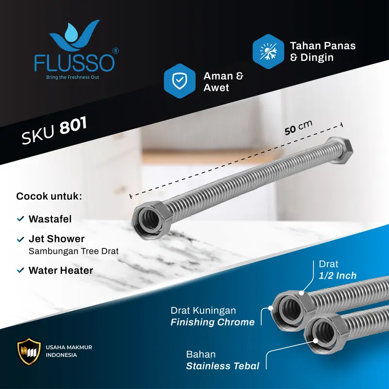 FLUSSO Selang Fleksibel Kaku Air Panas Dingin / Selang Water Heater Stainless ORIGINAL Jet 3