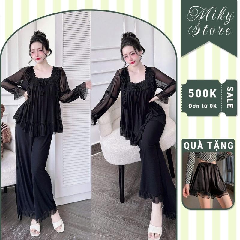 Đồ Ngủ Quần Dài Tiểu Thư Chất Liệu Thun Lưới TK Kiểu QC Mềm Mịn Size 45 Đến 70kg Vải Thoáng Mát Thích Hợp Mặc 4 Mùa Áo Nữ Women Top