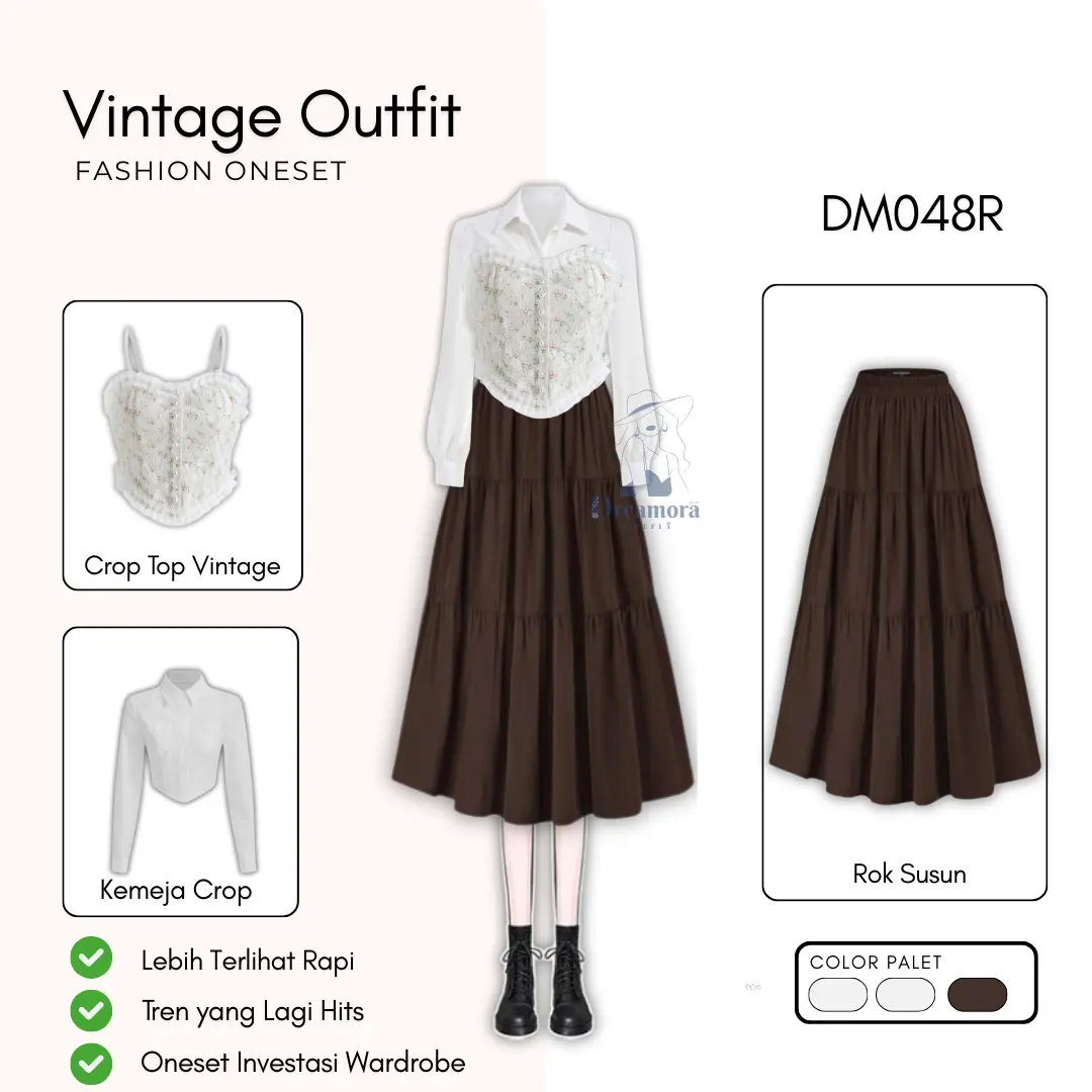 vest one set 3in1 ( Kemeja Crop Casual + Tangtop Vintage + Rok Susun Coklat + Tas Lucu ) DM048R Katun Panjang Setelan Wanita Baju Cantik