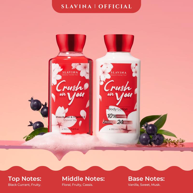 SLAVINA Crush On You Body Care Body Lotion dan Shower Gel by Nagita Slavina Moisturizer dan Sabun Mandi Cair 350ml Perawatan Tubuh dan Tangan Memutihkan Kulit Kering Dengan Glutathione + Vitamin 3
