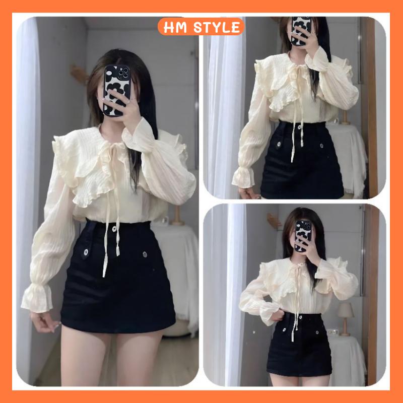 Áo sơ mi kiểu nữ dài tay, Áo sơ mi đũi cổ bèo sen phối nơ màu be xinh xắn HA140 Women Top