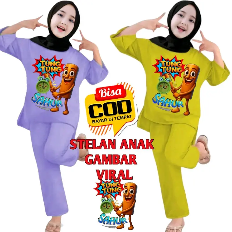 Stelan anak perempuan panjang stelan viral stelan anak sampai remaja motif viral animasi anomali tung-tung sahur  Usia 2-14 thn Denim Pink Ungu 0